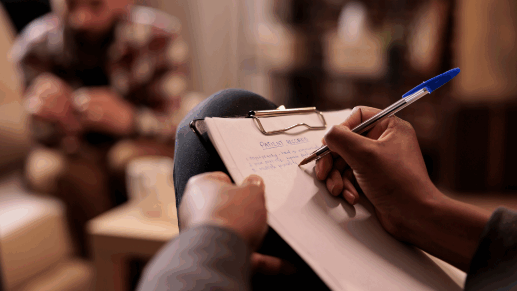 Osoba trzymająca długopis i&nbsp;robiąca notatki na clipboardzie z napisem 'Patient Records',&nbsp;siedząc naprzeciwko rozmówcy w&nbsp;nieostro pokazanym tle,&nbsp;sugerującym sesję terapeutyczną lub coachingową.